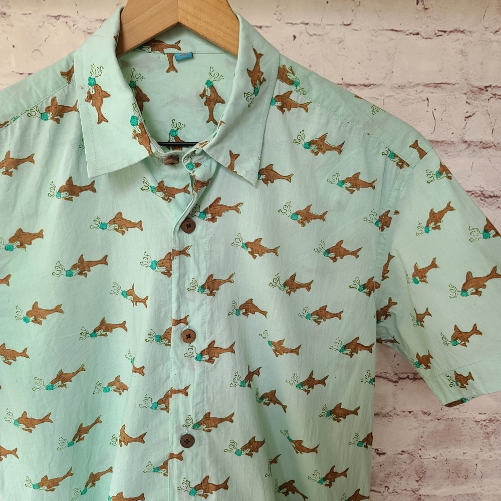 Juli Raja Shark Bite Woodblock Print Featherweight Cotton Button Up Shirt Small